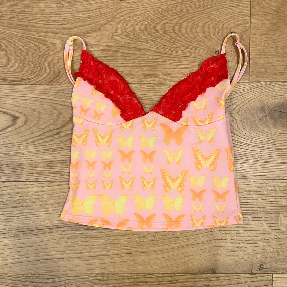 O-Mighty pink/red butterfly lace cami